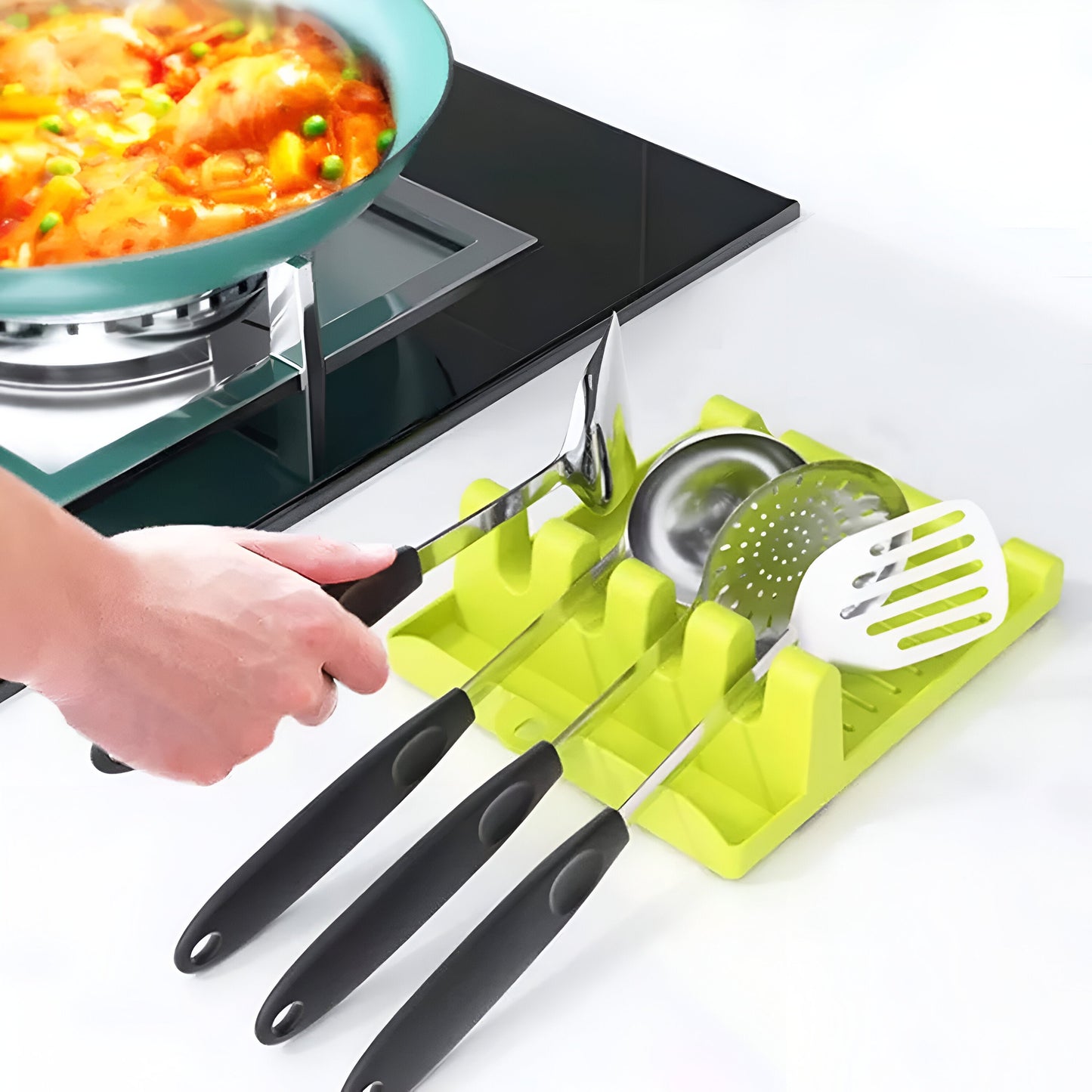 4 Slots Cooking Utensil Storage Rack | Silicone Spoon Rests Mat Stand