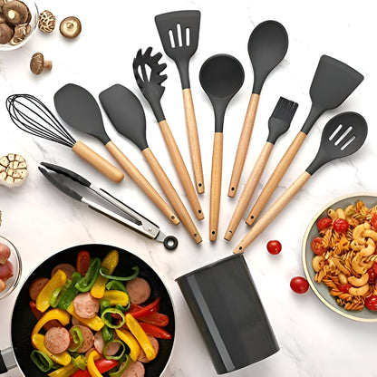 12pcs Silicone Cooking Utensil Set with Natural Wooden Handles